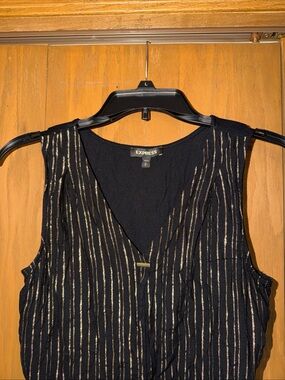 Express Black V-Neck Sleeveless Top with Gold Metallic Stripes